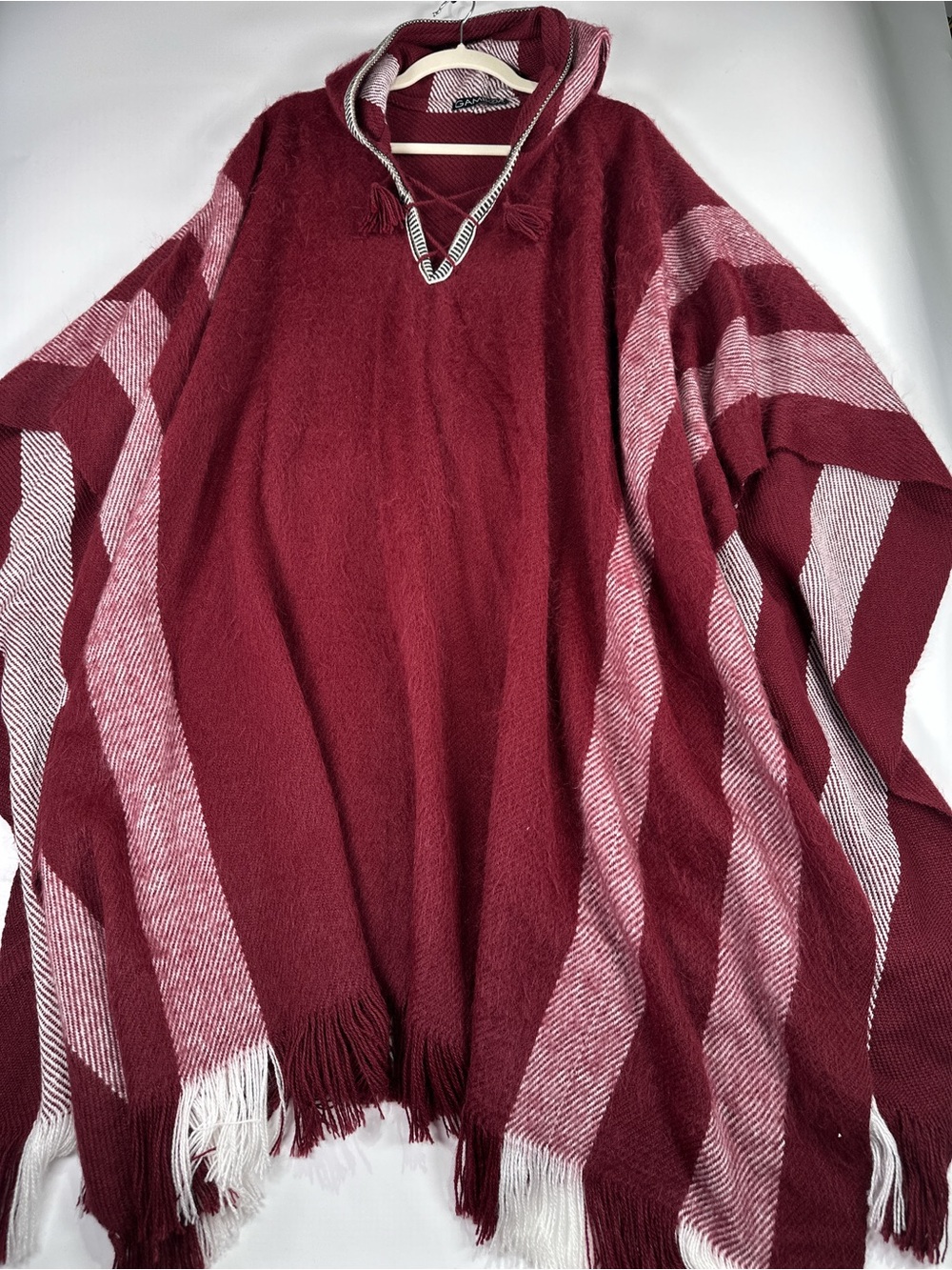 Gamboa Alpaca Wool Hooded Poncho Striped Fringe Made in Peru Burgundy OS - Picture 2 of 8